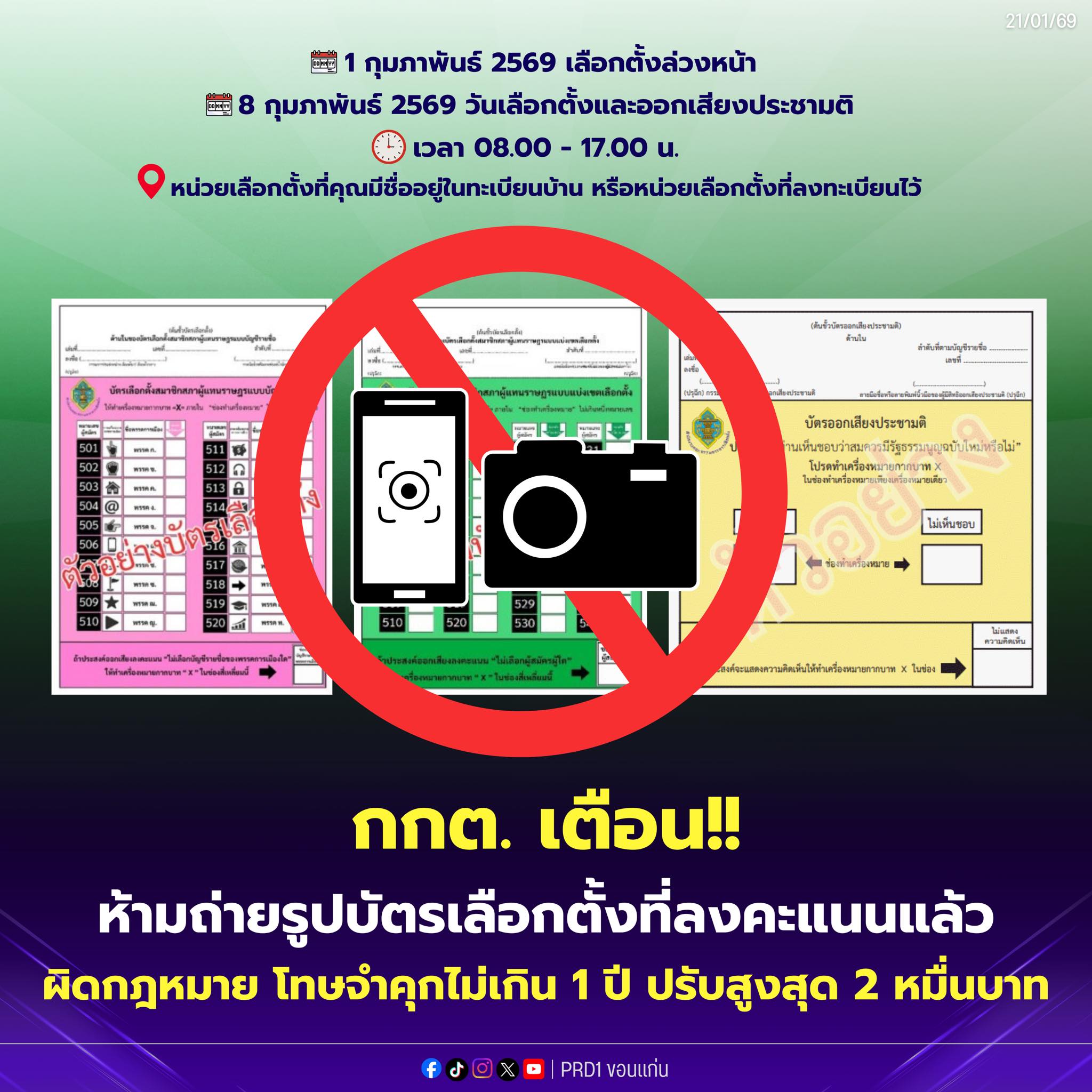 กกต. เตือน!! ห้ามถ่ายรูปบัตรเลือกตั้งที่ลงคะแนนแล้ว ผิดกฎหมาย โทษจำคุกไม่เกิน 1 ปี ปรับสูงสุด 2 หมื่นบาท