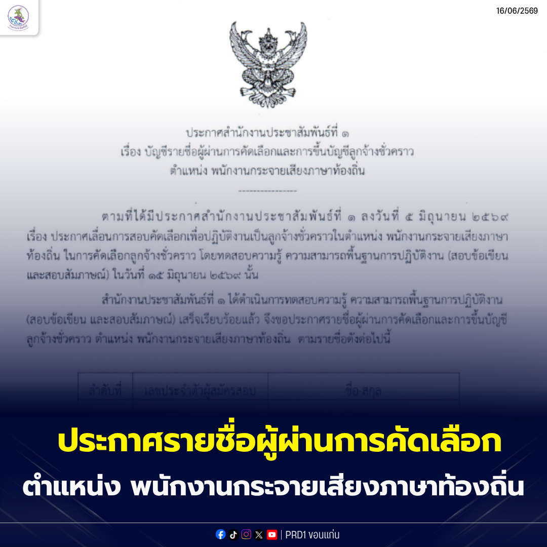 ประกาศรายชื่อผู้ผ่านการคัดเลือกและขึ้นบัญชีลูกจ้างชั่วคราว ตำแหน่งพนักงานกระจายเสียงภาษาท้องถิ่น
