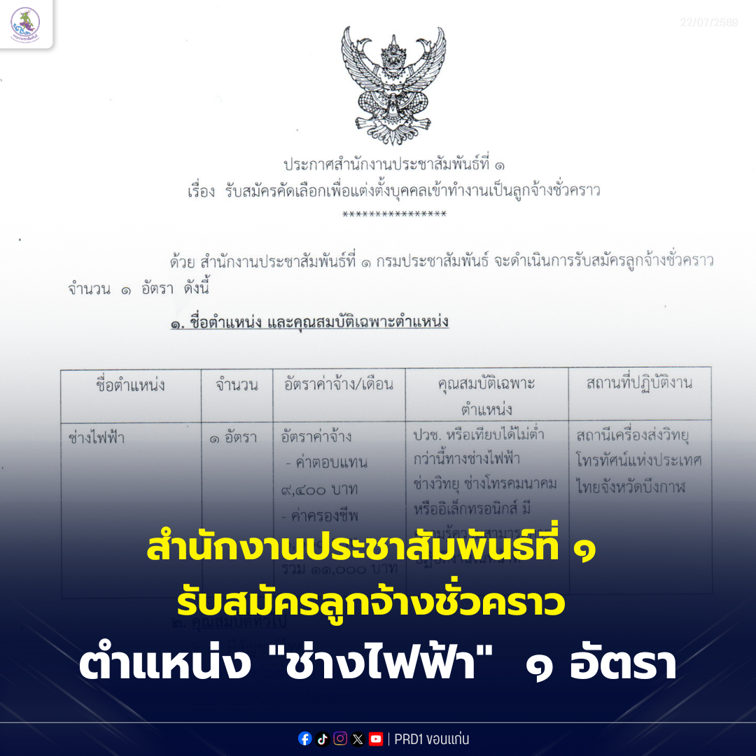 สำนักงานประชาสัมพันธ์ที่ ๑ รับสมัครลูกจ้างชั่วคราว ตำแหน่ง "ช่างไฟฟ้า" 