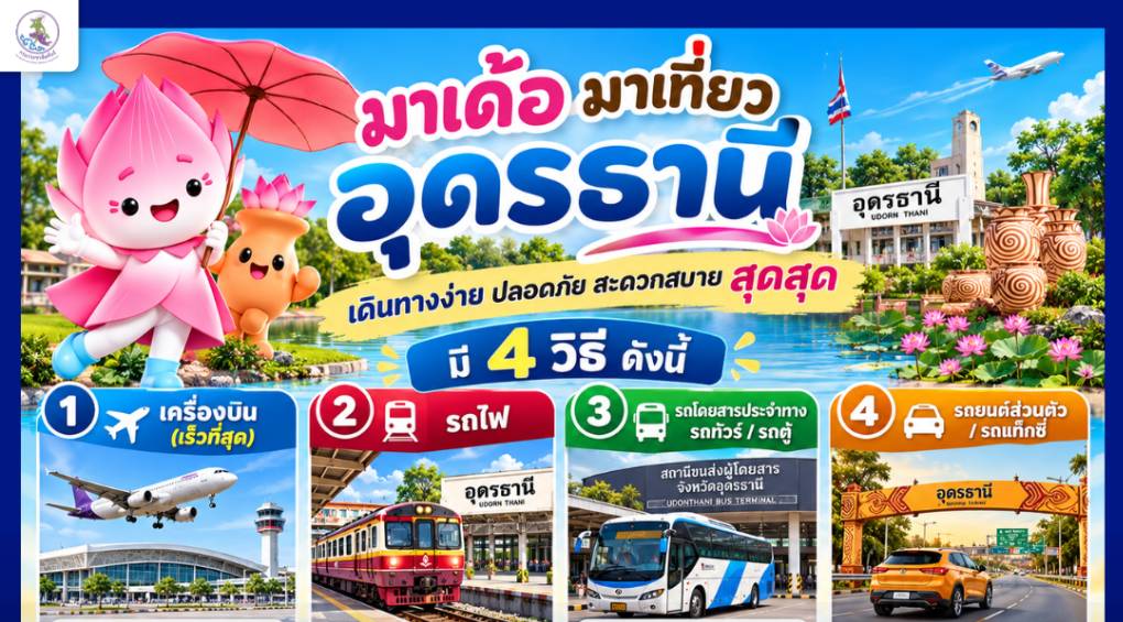 &nbsp;มาเด้อจ้า มาเที่ยว อุดรธานี &nbsp;เดินทางง่าย ปลอดภัย สะดวกสบาย สุดสุด เดินทางไปจังหวัดอุดรธานีหลัก ๆ มี 4 วิธีหลัก&nbsp;
